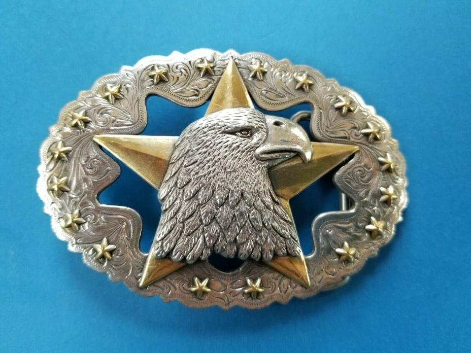Eagle Head on 5 Point Star Belt Buckle Scrollwork Border Silver and Gold Tones