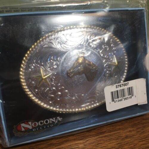Belt Buckle Nocona Belt Co Silver & Gold Tones Horse Two Stars New Sealed in Box
