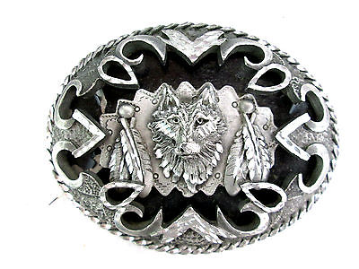 Legends Belt Buckle Wolf and Feathers Silver-tone Pewter Diamond Cut 1998 USA