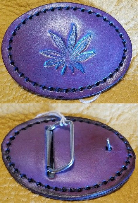 Hemp/Marijuana leaf leather belt buckle #3 purple highlights