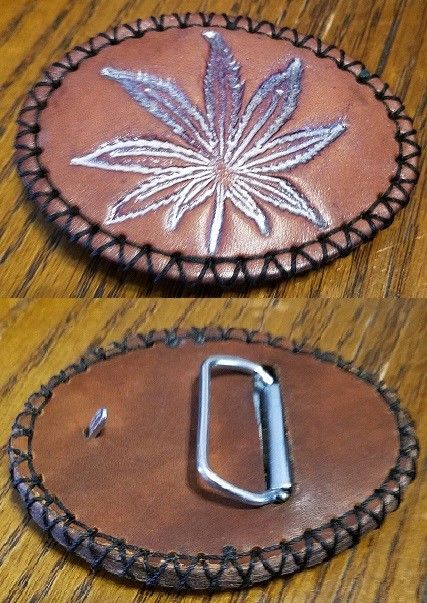 Hemp/Marijuana leaf leather belt buckle #2 silver highlights