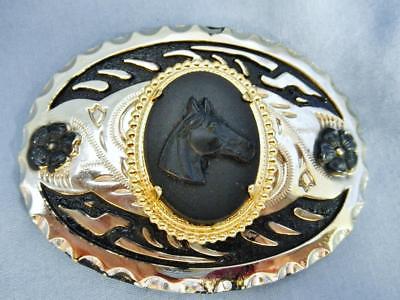 Black Cameo Horse Head & Two Tone Metal Belt Buckle - Ohio Coal