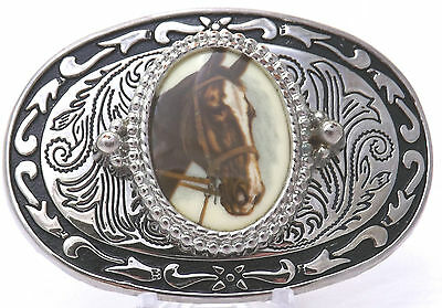 Embossed Horse Head western scrolle on silver tone belt buckle