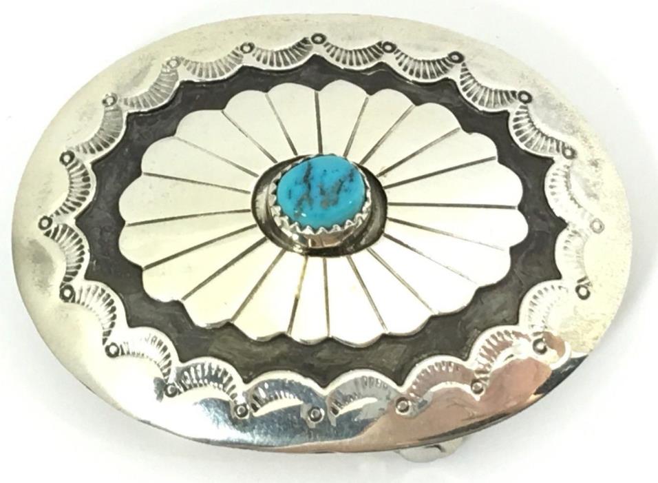 Navajo Sterling Silver Belt Buckle Sleeping Beauty Turquoise Vintage 1614-LNP
