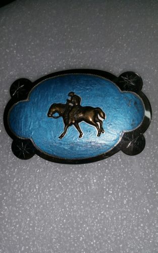 belt buckle blue painted silver horse Nickle Plated