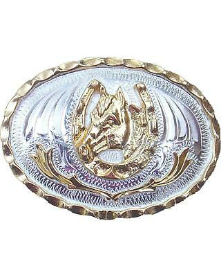 Western Express Men's Small Horsehead and Horseshoe Belt Buckle  Silver
