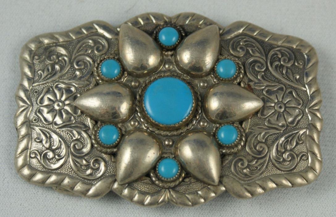 Bell Nickelsilver Belt Buckle Turquoise Colored Stones