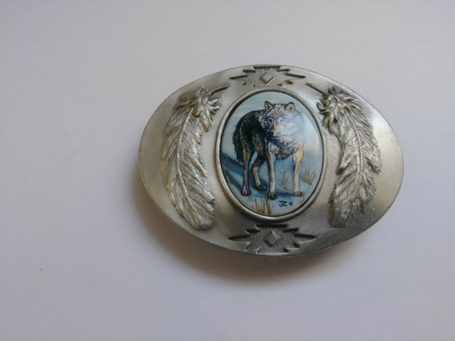 New Cast Silvertone Belt Buckle-Wolf Painted on Porcelain Feather Design