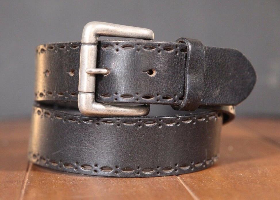 ROOTS Black Leather Belt Tooled Perforated Luxury Lifestyle Brand Unisex Size 30