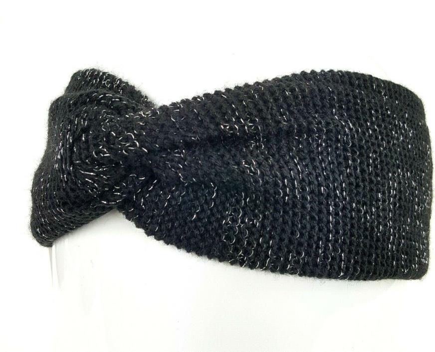 Twist Front Solid Black & Silver Shimmers Knit Headband Earmuff Womens OSFM NWT