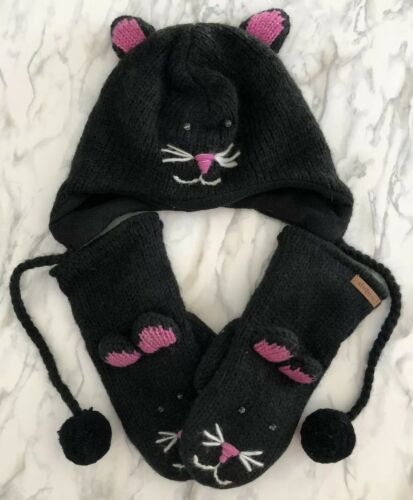 deLux Cat Mittens Hat Set stitch face brown Adult animal knit kitty Black Pink