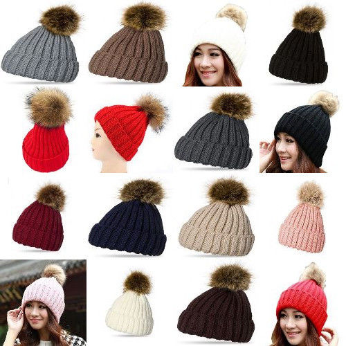 Fashion Winter Warm Fur Pompom Cuff Design Ear Beanie Knitted Hat For Unisex
