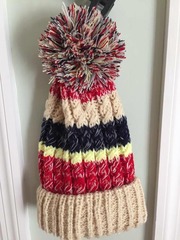 Winter Knit Beanie Hat Pom Pom Multi Colored Stripped Red Beige Blue