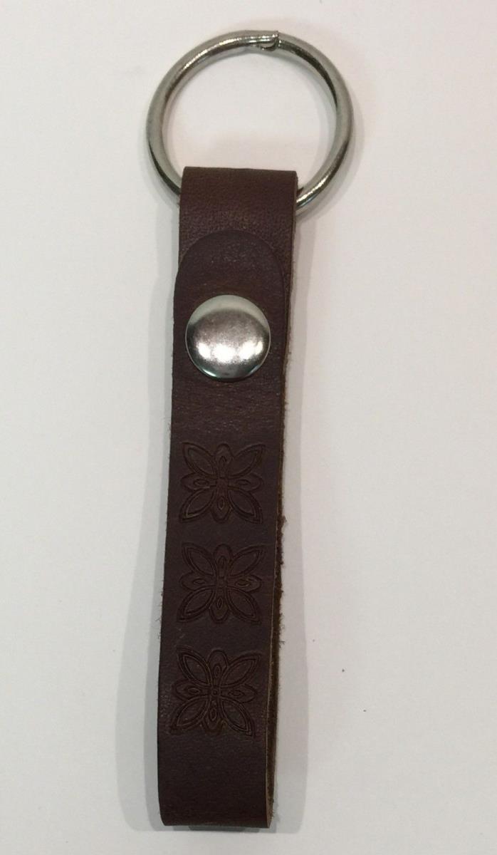 Handmade Embossed Genuine Leather Key Ring with Snap Closure - Brown