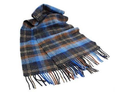 John Hanly Plaid Wool Scarf Unisex 63” X 12” BLUE & BROWN Made In Ireland Mens