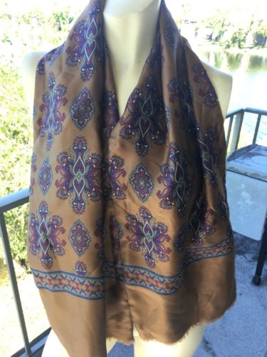 Silk Scarf Brown Paisley Print Wool Lining Made In Italy 56