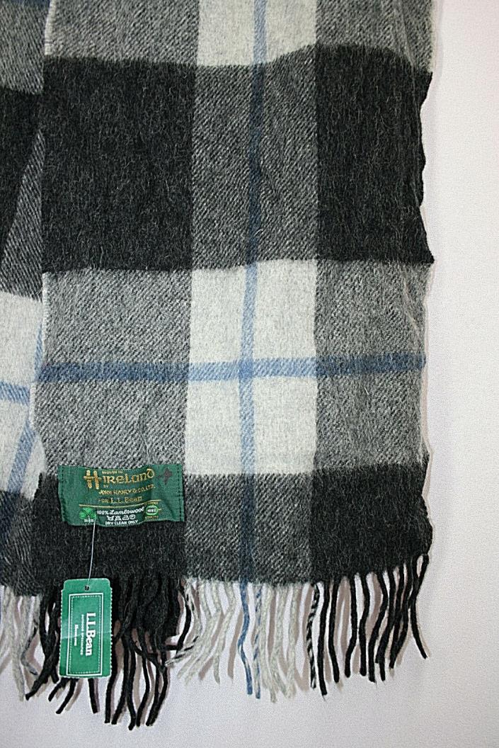 New John Hanly Ireland Gray Blue Plaid 100% Lambswool Fringe Winter Scarf