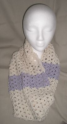 Handmade Crocheted Infinity Scarf - Cream with lavender stripes