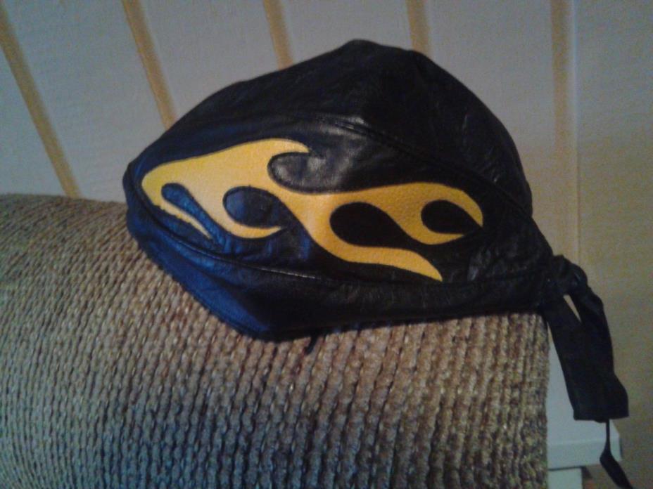 Black Genuine Leather Biker Skull Cap with yellow flames