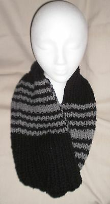 Handmade Knit Infinity Scarf - Black with grey stripes