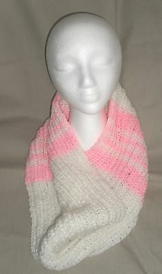 Handmade Knit Infinity Scarf - White with Pink stripes