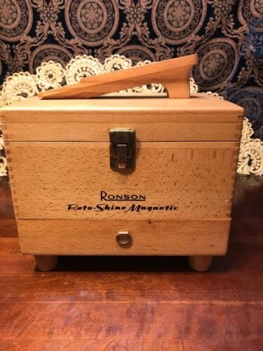 Vintage Ronson Roto-Shine Magnetic Shoe Shine Kit Works Maple Dove-Tail Case