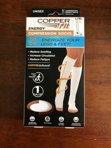 New Copper Fit Compression Socks Knee HighWhite L/XL Men 9-12/Women 10-13 Unisex