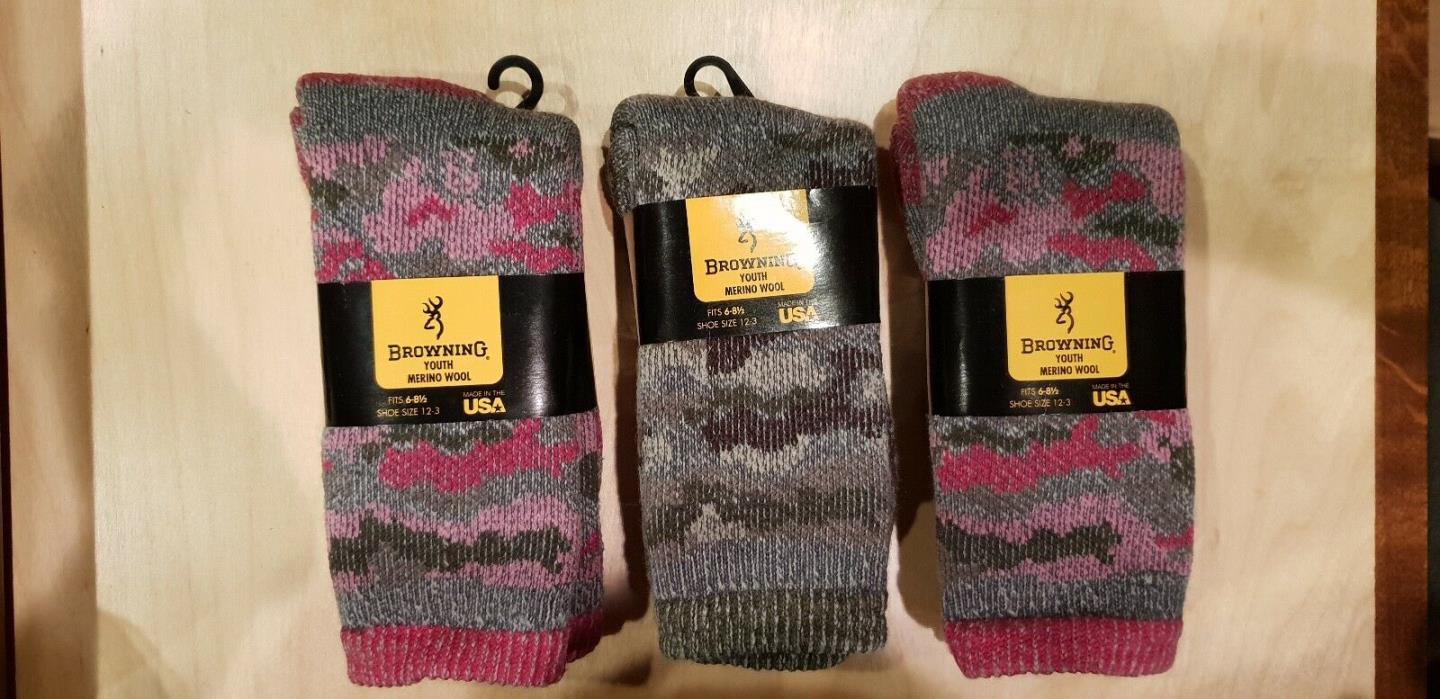 Browning Kids Warm Wool Boot Socks - 3 pack - Girl's and Boy's Hunting Small