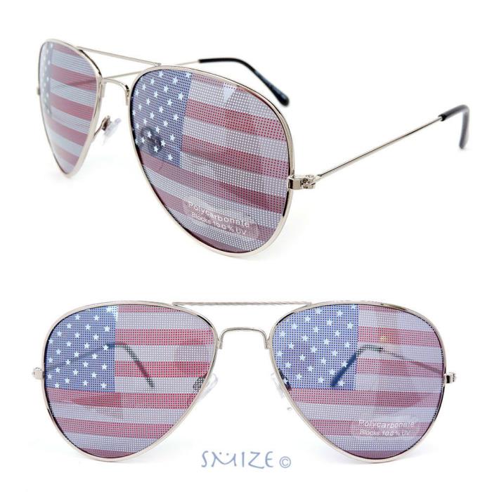 4th of July American Flag Lenses Aviator Silver Metal Frame Sunglasses