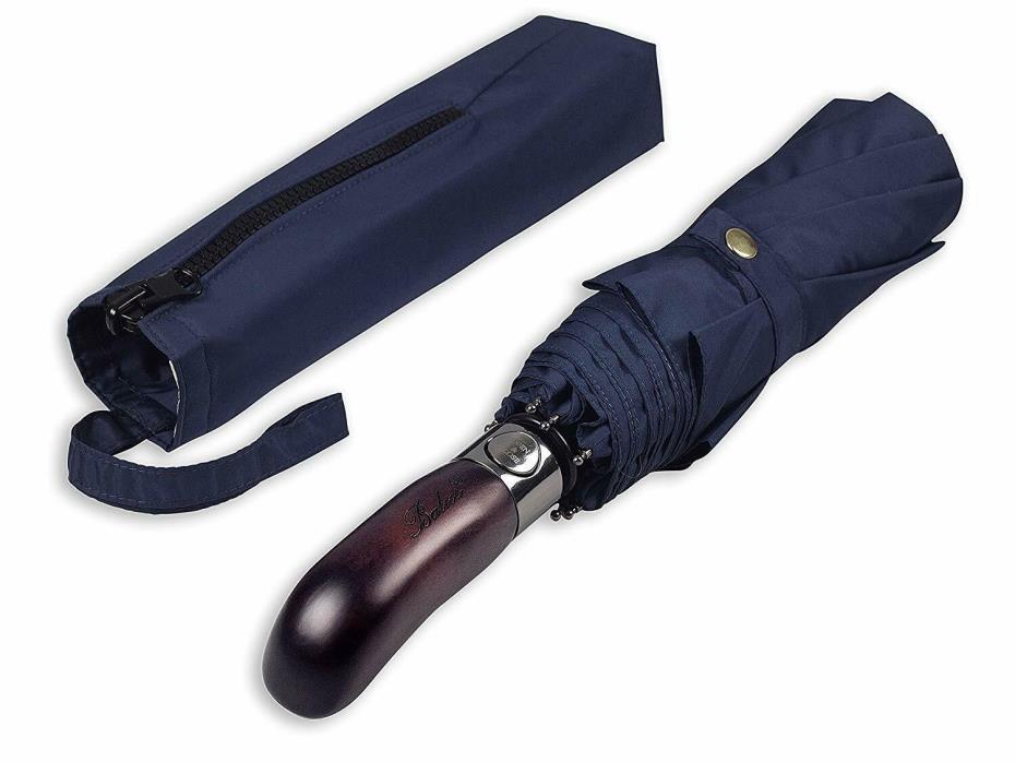Travel Umbrella Real Wood Handle Automatic Vented Windproof Double Canopy Blue