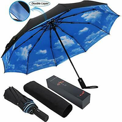 10 Folding Umbrellas Ribs Umbrella,Large Travel Windproof Compact Auto Open With