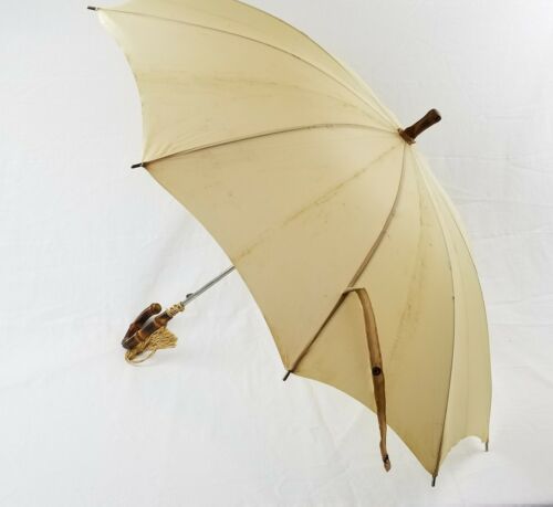 fine vintage Bergdorf Goodman umbrella wood handle cream color has some stains