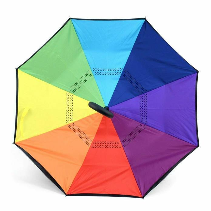 US Seller Inverted Windproof Umbrella Double Layer Solid Color C-Shaped Handle