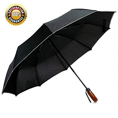 Travel Umbrella windproof,Auto Open &Close,Real Wood Handle, Compact Black