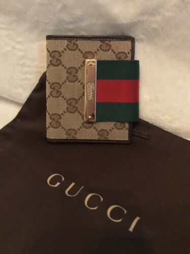 VERY RARE VINTAGE GUCCI Brown Leather GG Canvas RED GREEN WEB WALLET, EXCELLENT!