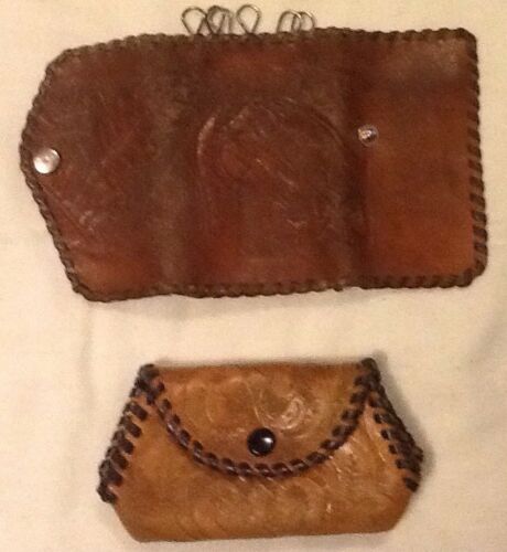 Vintage 2 Pieces 1 Hand Tooled Leather Coin Purse & 1 Key Holder Stitched