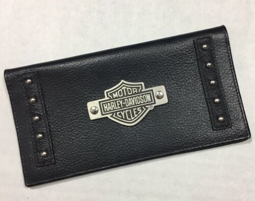 Harley Davidson Metal Logo Unisex Black Leather Checkbook Cover Wallet Rivets