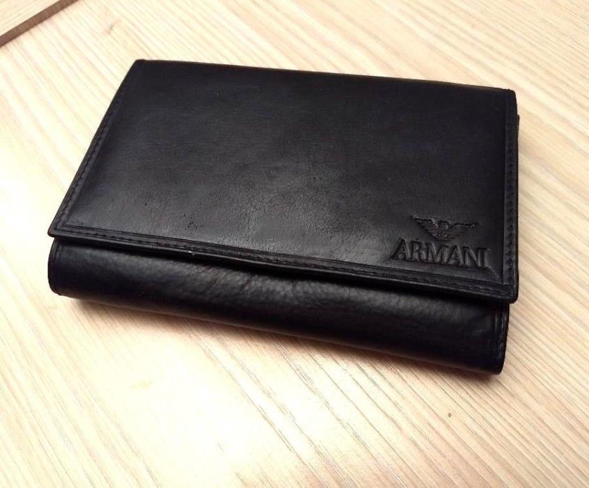 EMPORIO ARMANI Black Leather Trifold Unisex  Wallet - From Italy