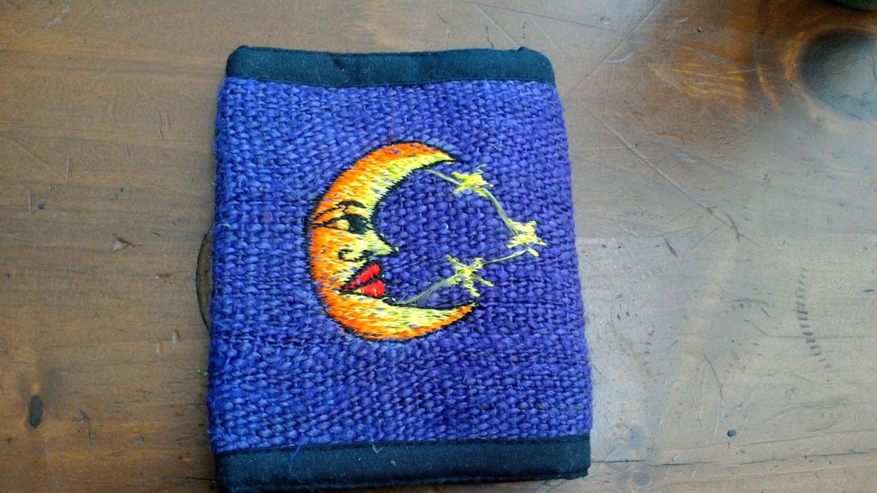Hemp Bifold Wallet Made in Nepal Purple/ Black/ Blue Moon Stars