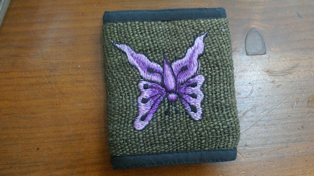 Hemp Bifold Wallet Made in Nepal Purple Butterfly Green Hemp