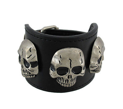 Zeckos Black Leather Triple Chrome Skull Wristband Bracelet Punk