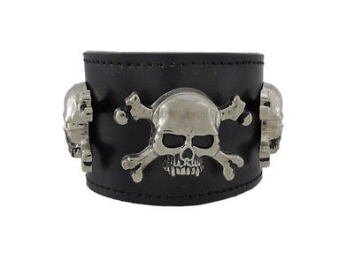 Zeckos Black Leather Triple Skull And Crossbones Wristband Bracelet Punk