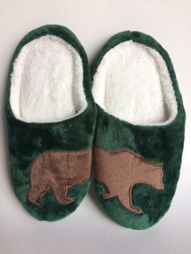 Soft And Cozy Sherpa Slipper With Brown Bear Appliqué Green, L