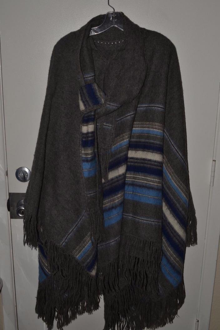 Wool Peruvian Unisex Poncho Gray w/ Collar Woven Oversized Cape Peru AENE