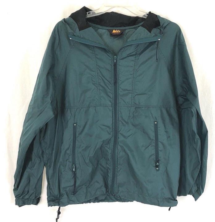 REI Med Zip Up Hooded Rain Jacket Coat Hunter Green Windbreaker Nylon Pockets