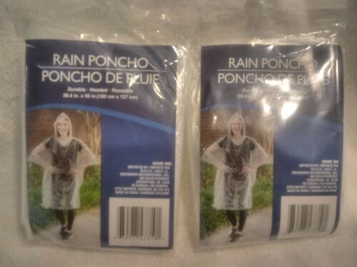2 Clear Plastic Polyethylene Rain Coat Poncho w/ Hood Reusable Outdoor Travel