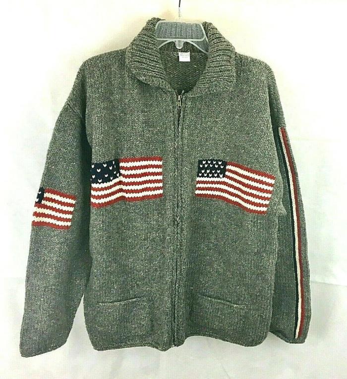 100% Wool Knit Patriotic American flag sweater made in Ecuador Full Zip Large