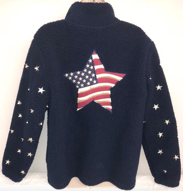 Patriotic USA Stars Stripes Flag Embroidered Fleece Jacket Coat Navy Blue Large