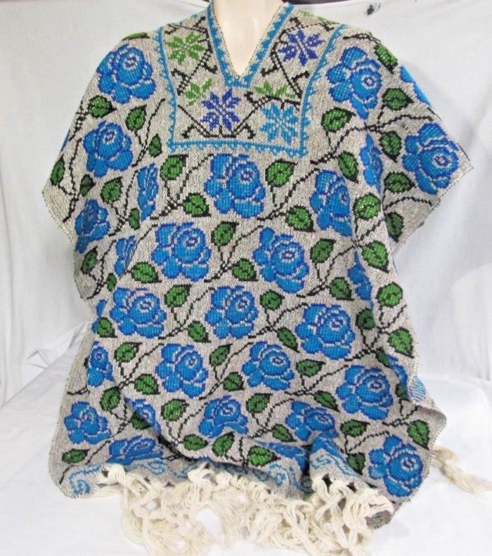 Woven Tassel Edged Floral Poncho Throw in Taupe and Blue