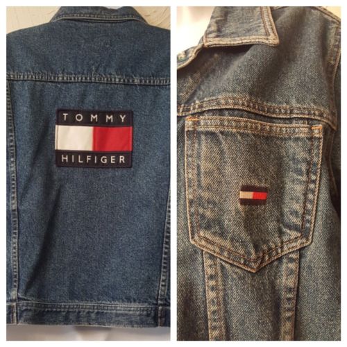 Vintage Tommy Hilfiger Big Flag LOGO Rare 1990's Spell Out Denim Jacket {Medium}